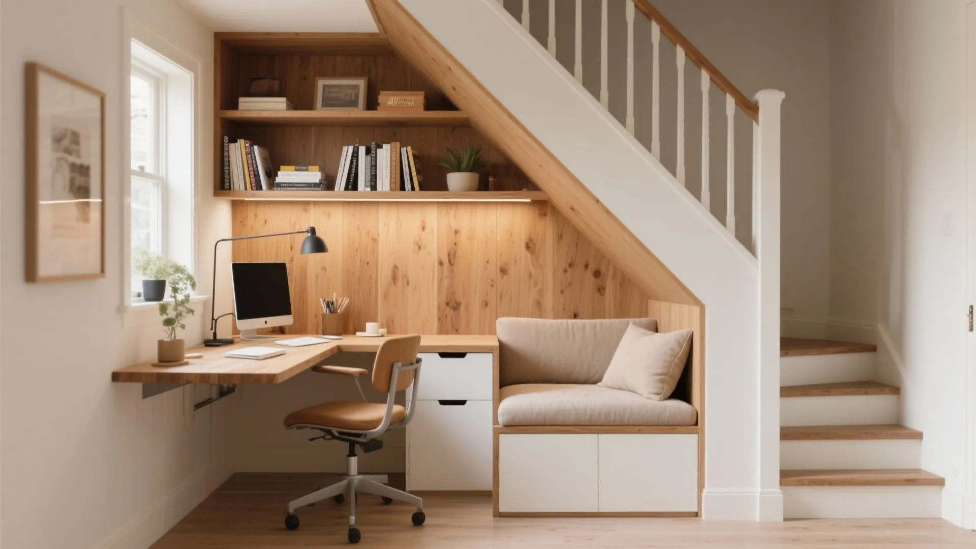 Small home office under stairs with wooden desk chair built-in sofa shelves and white cabinets
