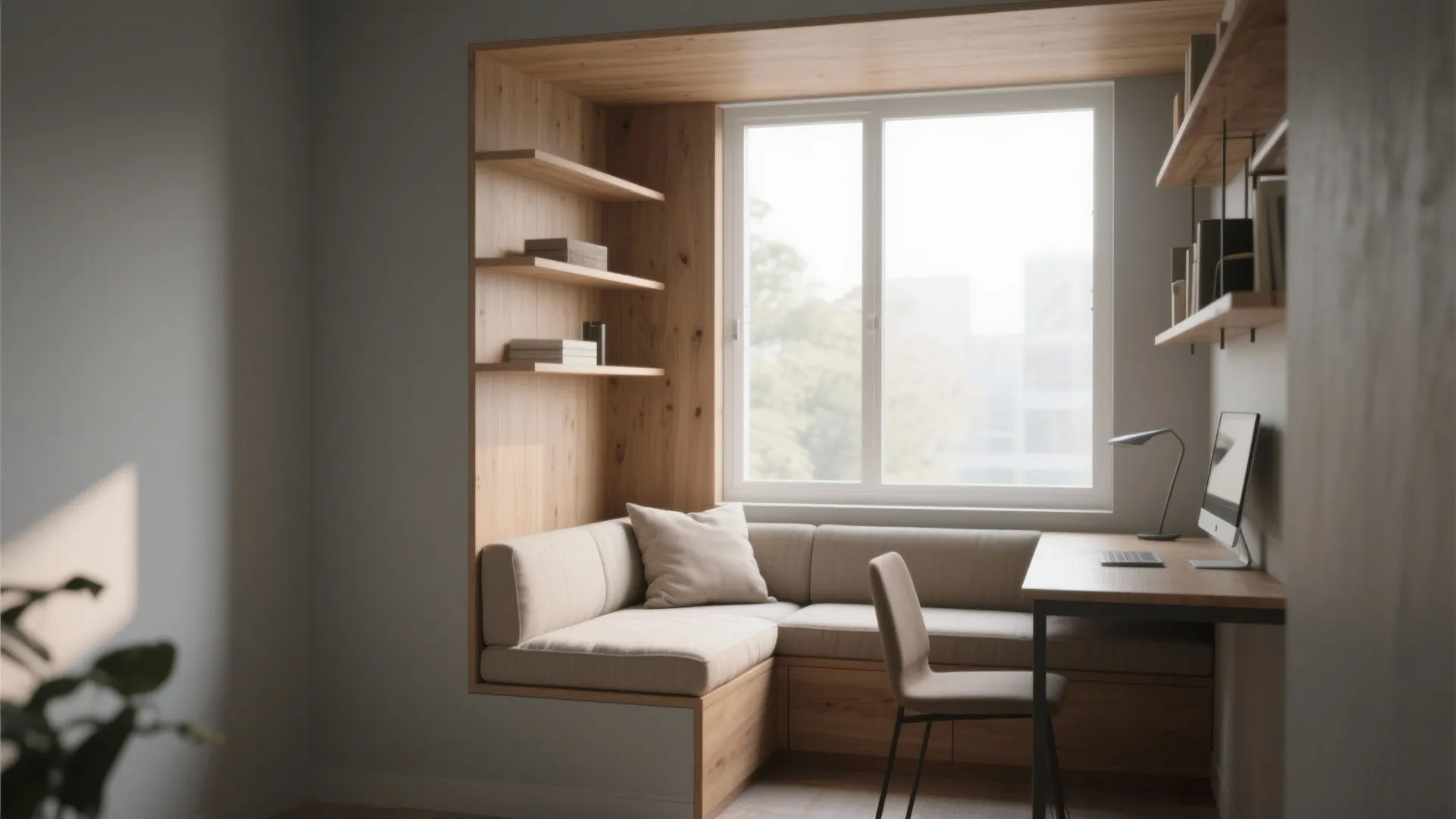 Window bench seating paired with a narrow desk creating a cozy integrated office nook.
