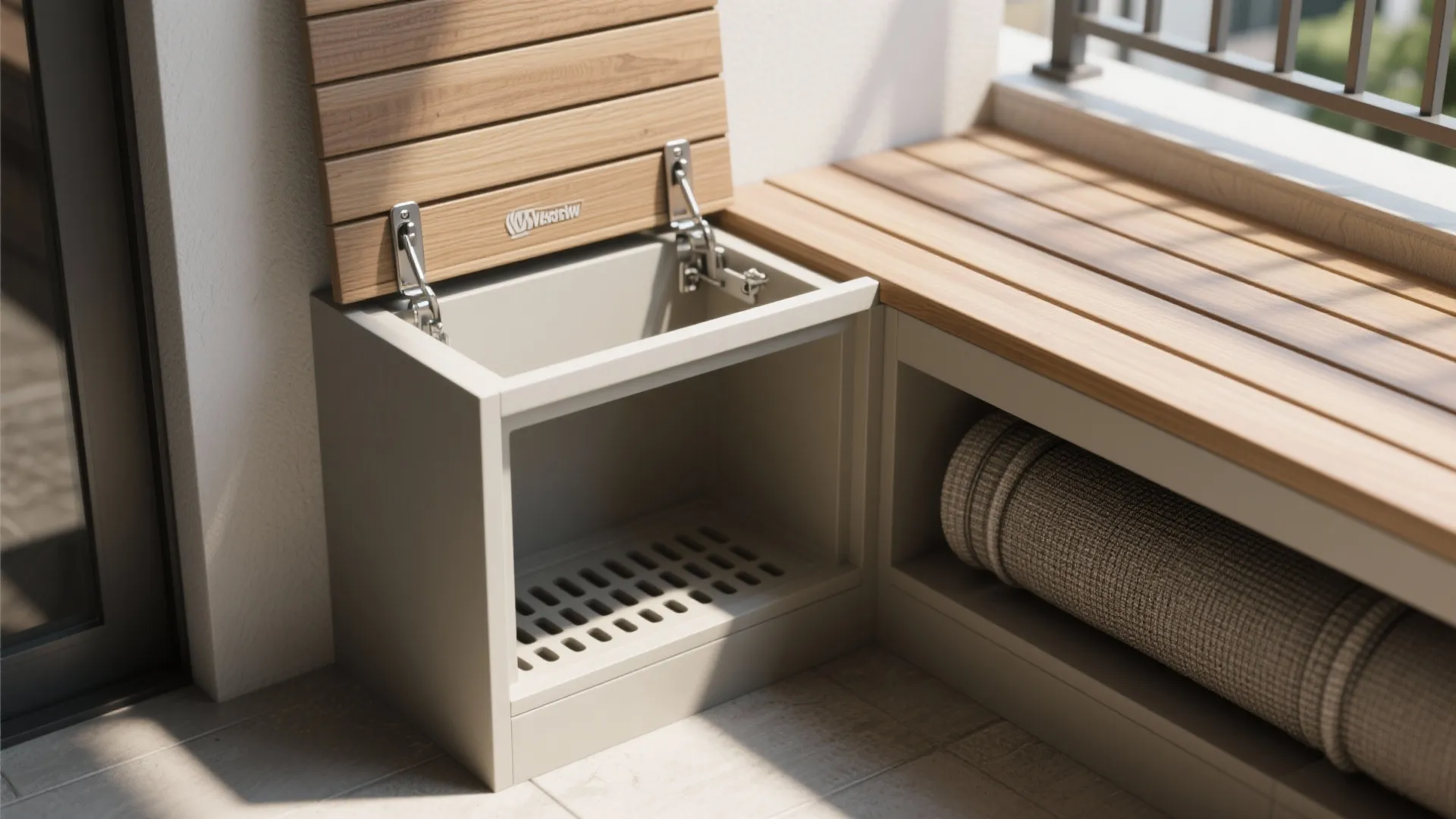 Close-up of outdoor wooden bench with built-in storage compartment showing open lid and rolled mat
