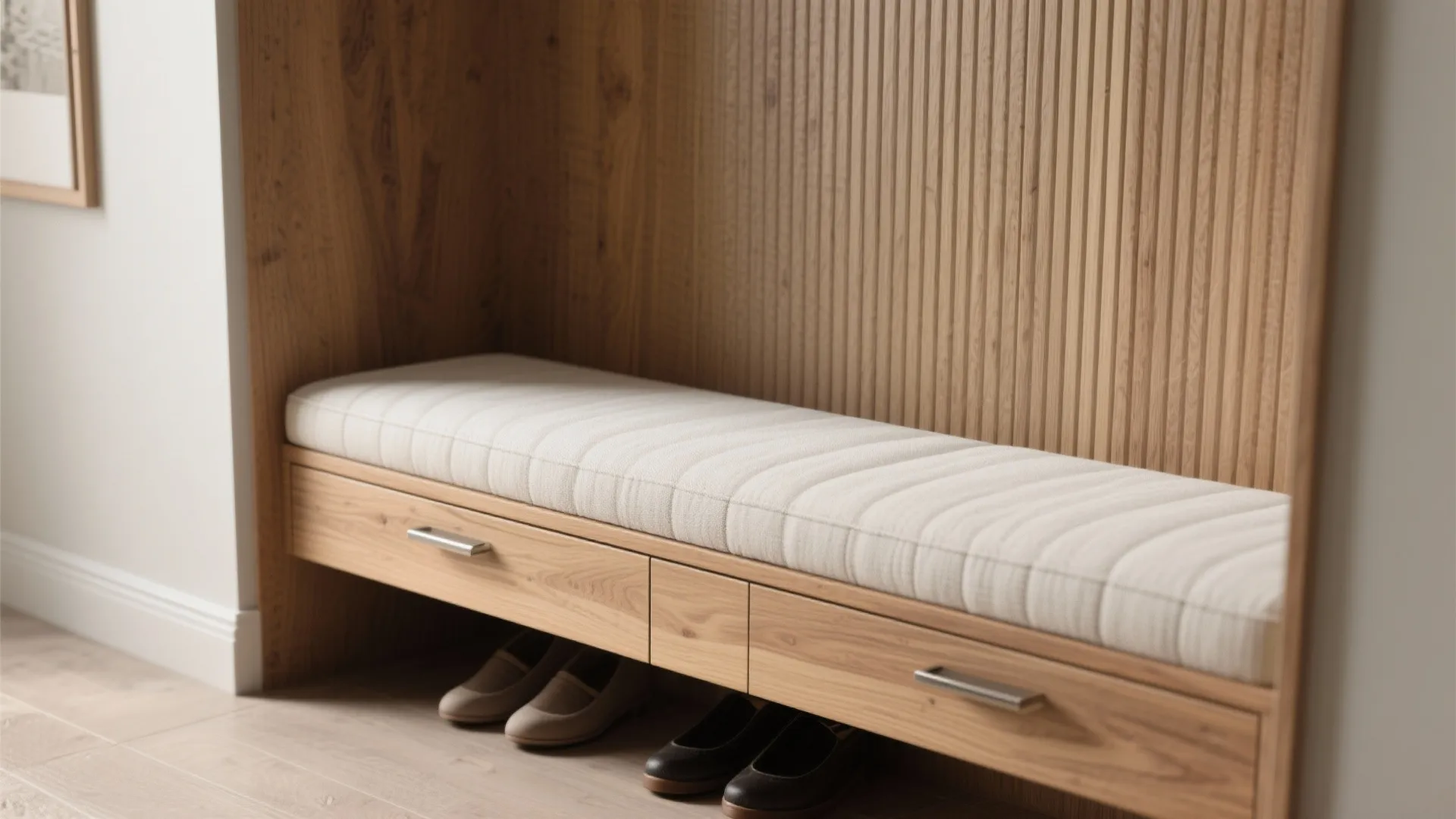 Warm Wood and Textured Finishes with a Small Bench