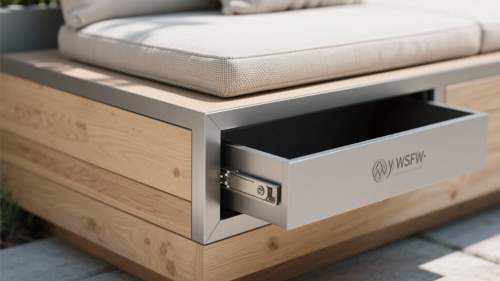 Close-up of bench corner showing marine-grade plywood, aluminum bracket, and cushion fabric.