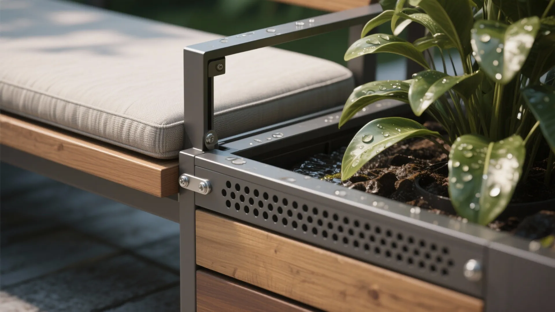 Close up view of outdoor wooden bench with grey cushion and integrated metal plant pot