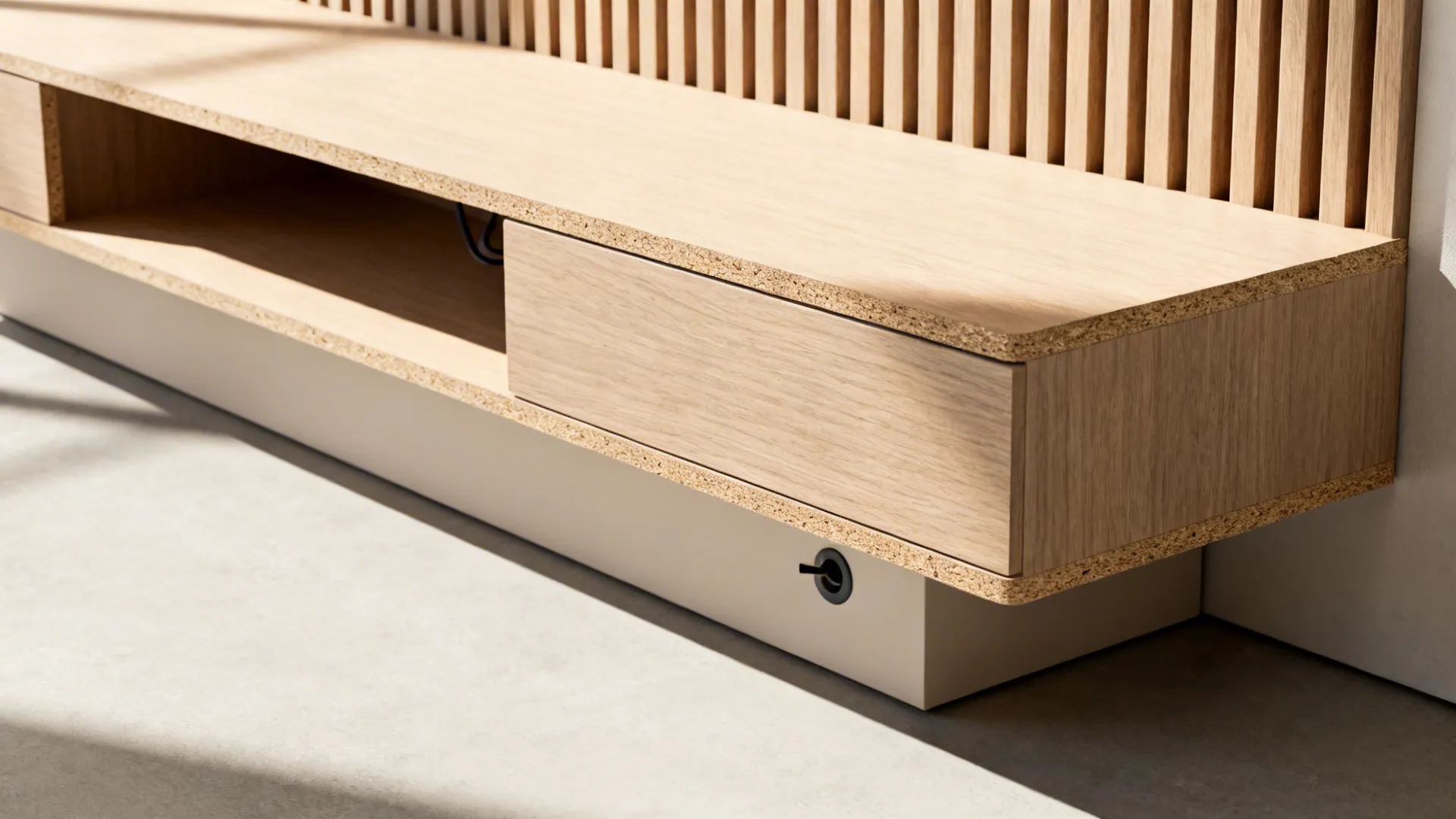 Macro detail of a floating low media bench with clean shadow reveal and cable pass-through.