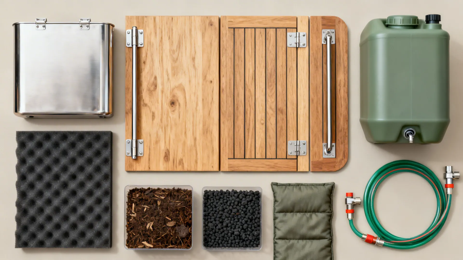 Flat lay of plywood, HDPE tank sample, foam, upholstery, and gas fittings for a bench biodigester.