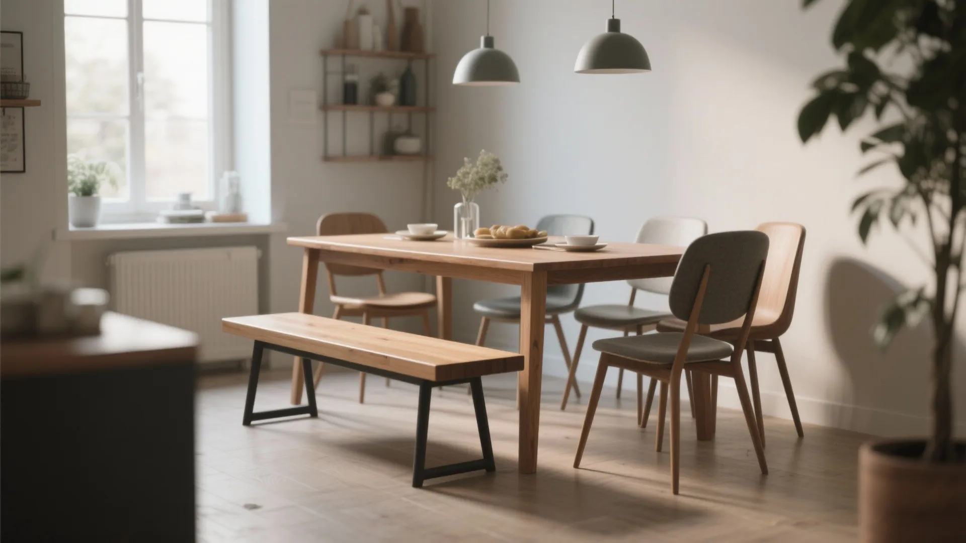Modern dining room with wooden table bench chairs grey ceiling lights large window and plant