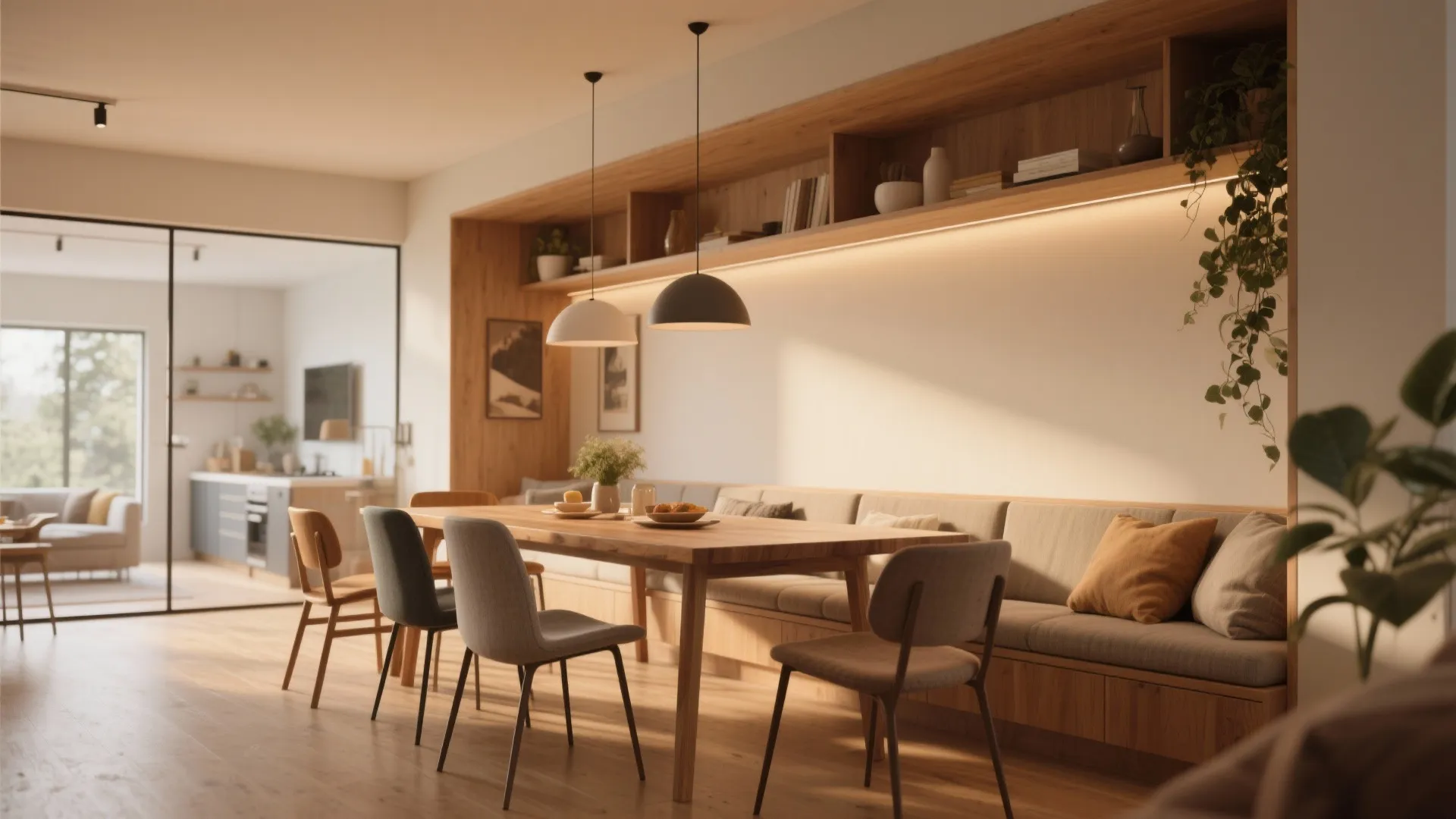 Modern wooden dining table with built-in wall seating bench gray chairs and two hanging ceiling lights