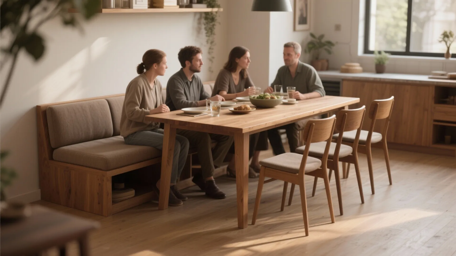 Four people sitting at large wooden dining table with a built in wall seating bench