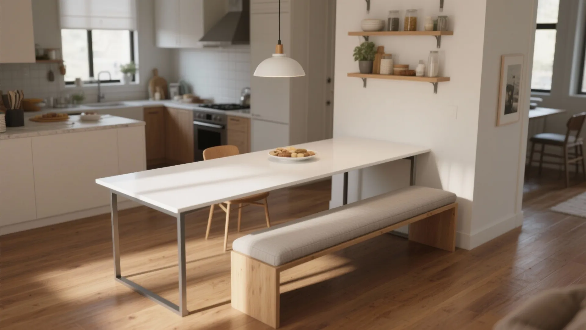 3. Narrow rectangular table with bench seating