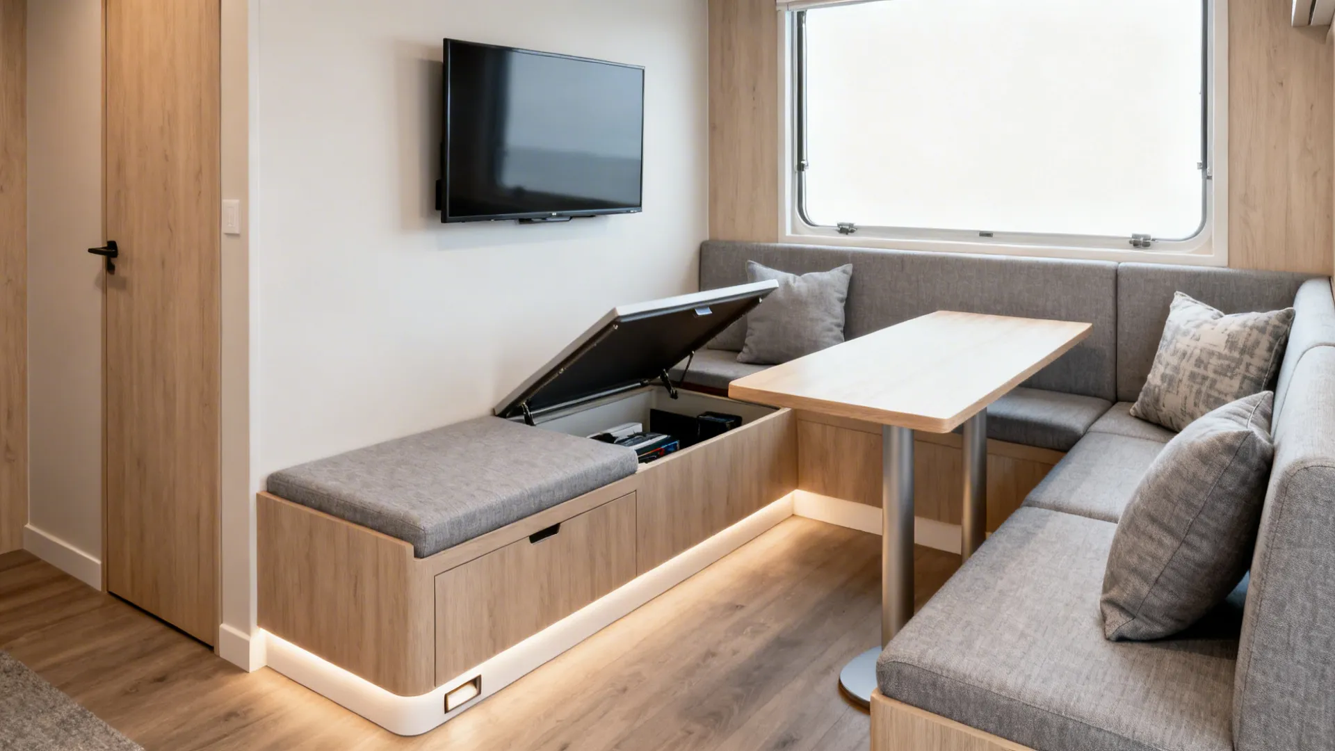 Dining area with wood table grey corner bench featuring hidden storage and wall mounted television