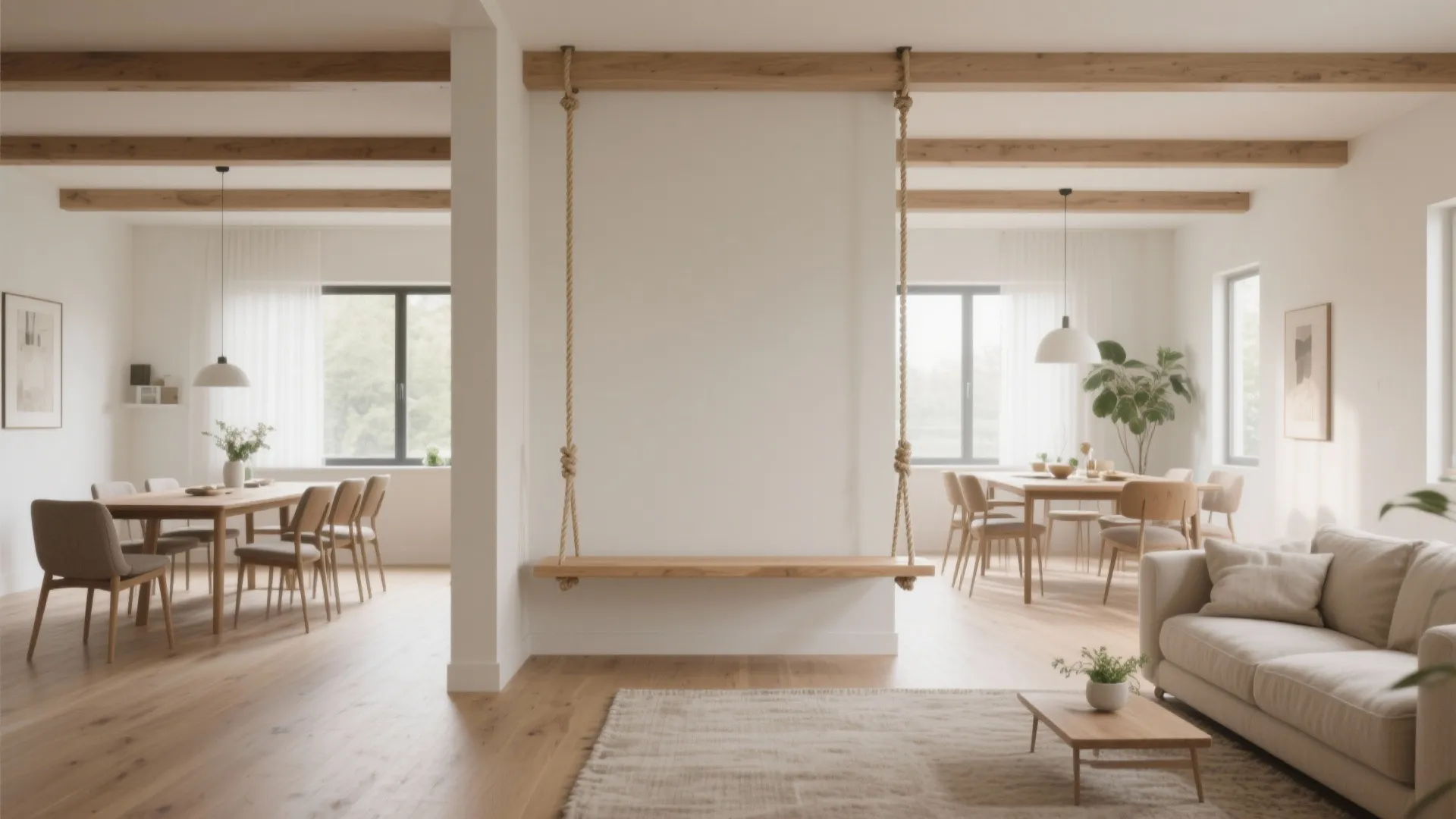 Bright open plan house with wooden indoor swing separating dining area and living room with sofa