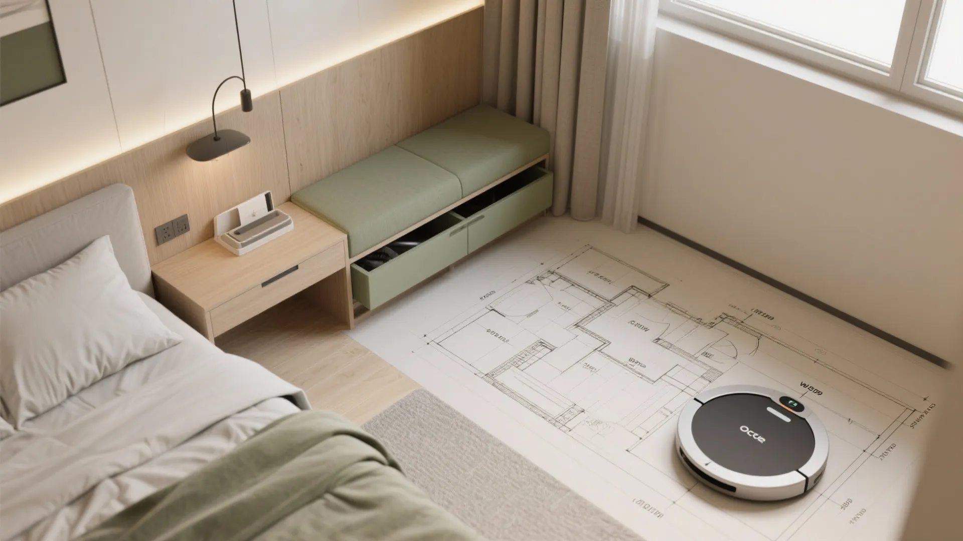 Top down view of bedroom with robot vacuum on floor plan paper near green bench
