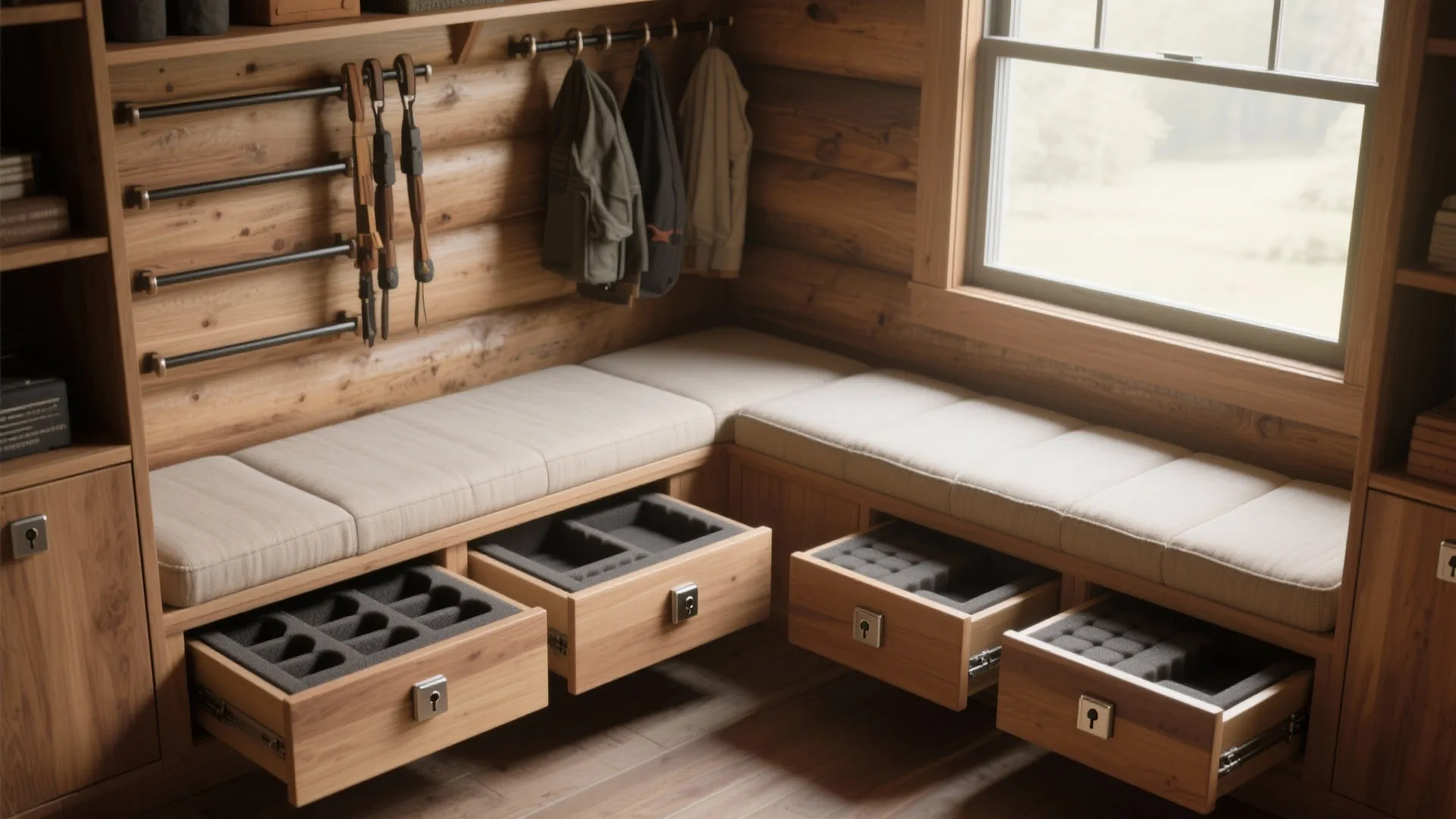 Wooden bench with cushions and open storage drawers showing foam inserts in a rustic log cabin