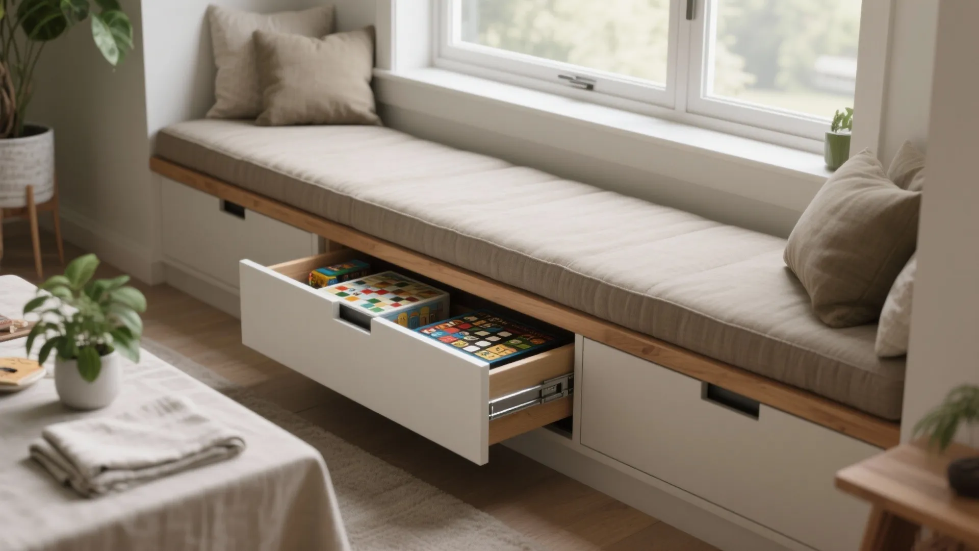 Built in window seat with grey cushions and open drawers storing colorful books and toys