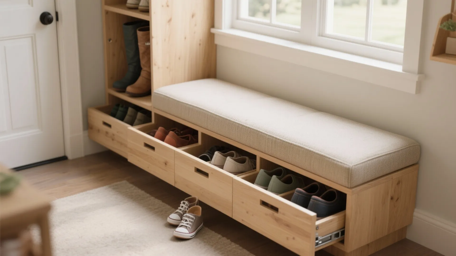 2. Bench with built-in drawers or pull-out trays
