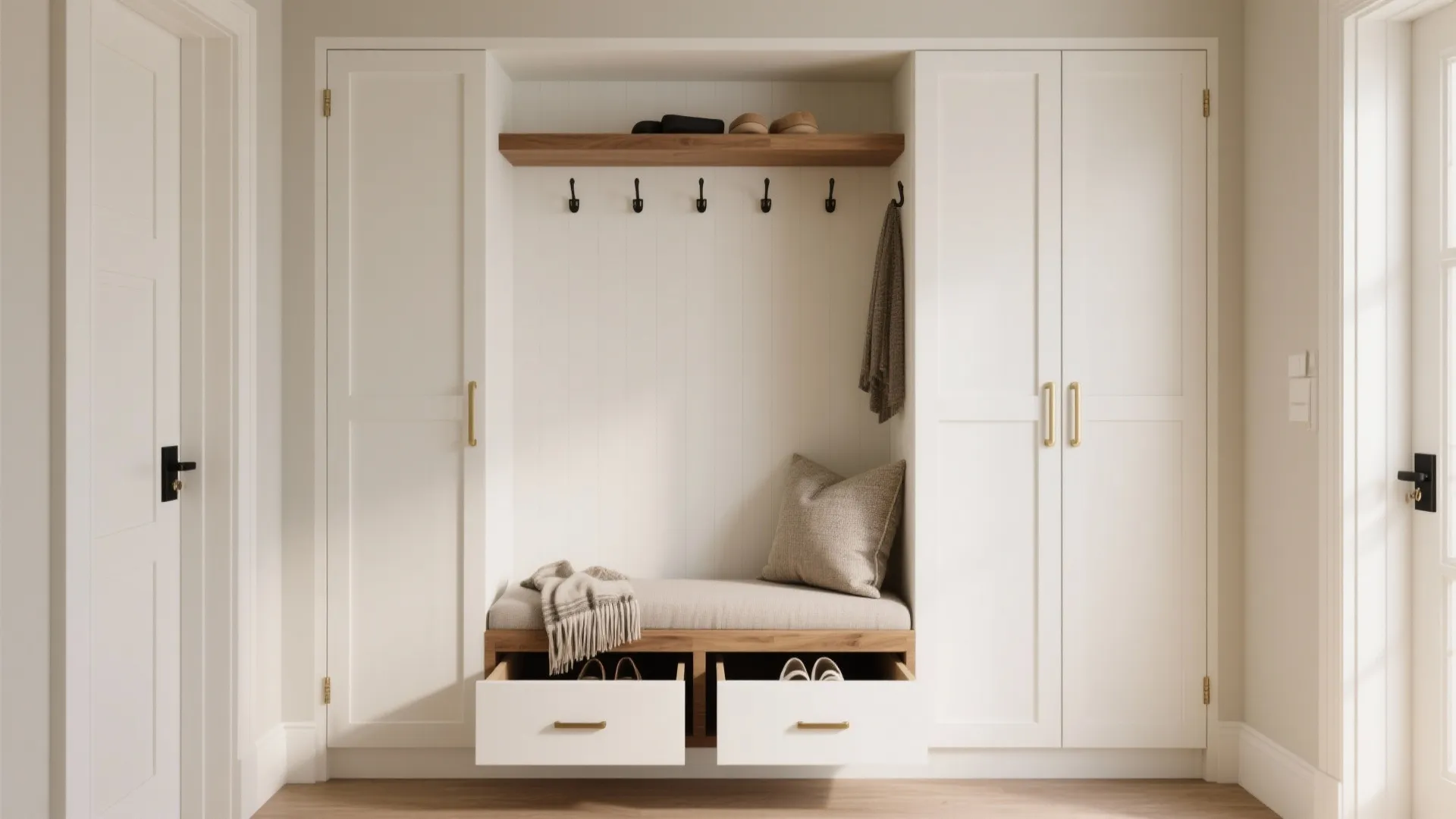 Built-in hall cupboard with bench and shoe drawers