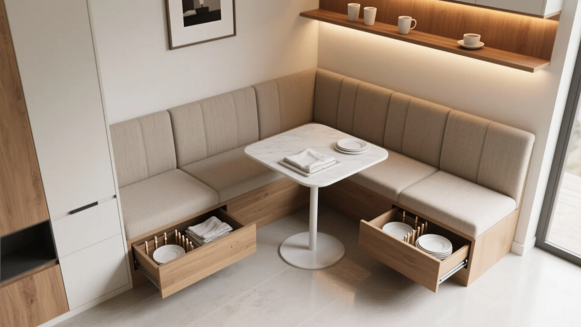 Banquette with hidden crockery drawers