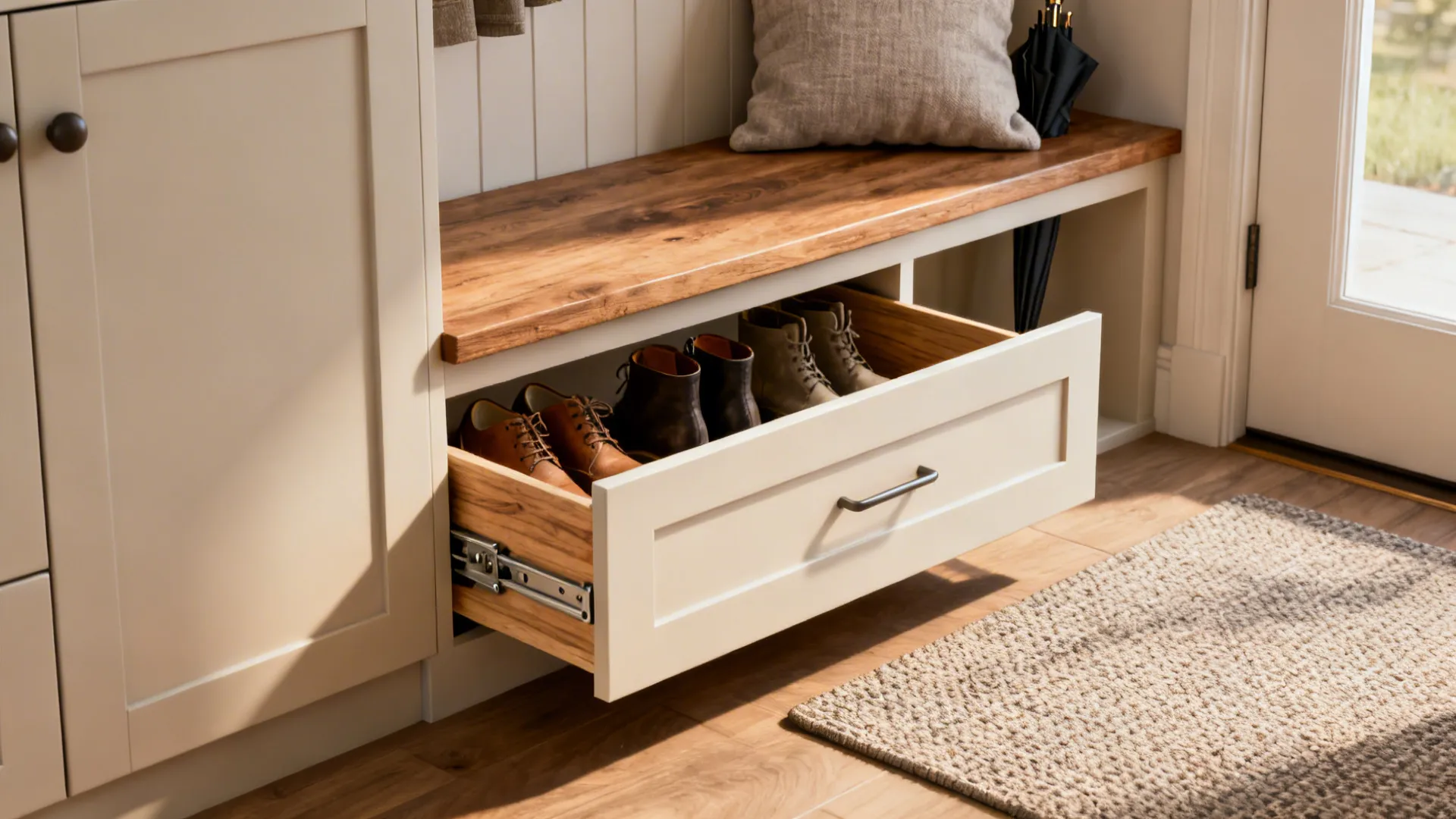 Slim entry bench with pull-out drawers for shoes and umbrellas in a small foyer.