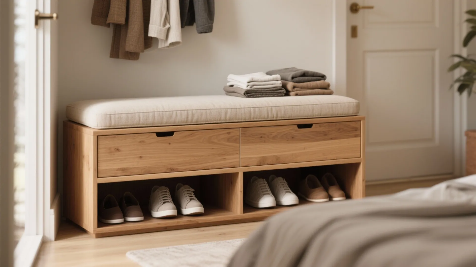 Wooden storage bench with a white cushion seat and open shelves filled with many shoes