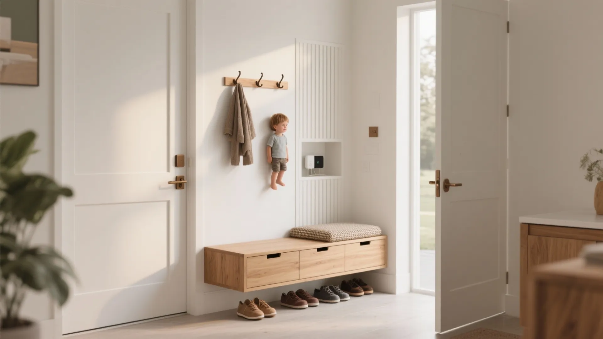Entryway with a wooden bench, wall hooks for coats, shoes on floor, and natural sunlight