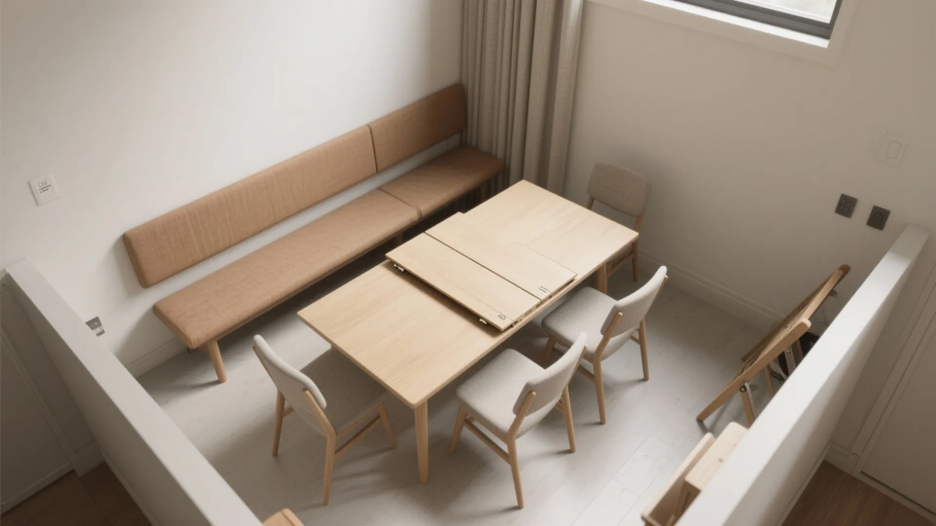 Top-down view of a compact dining layout with bench seating and a drop-leaf table in an 18x18 room.