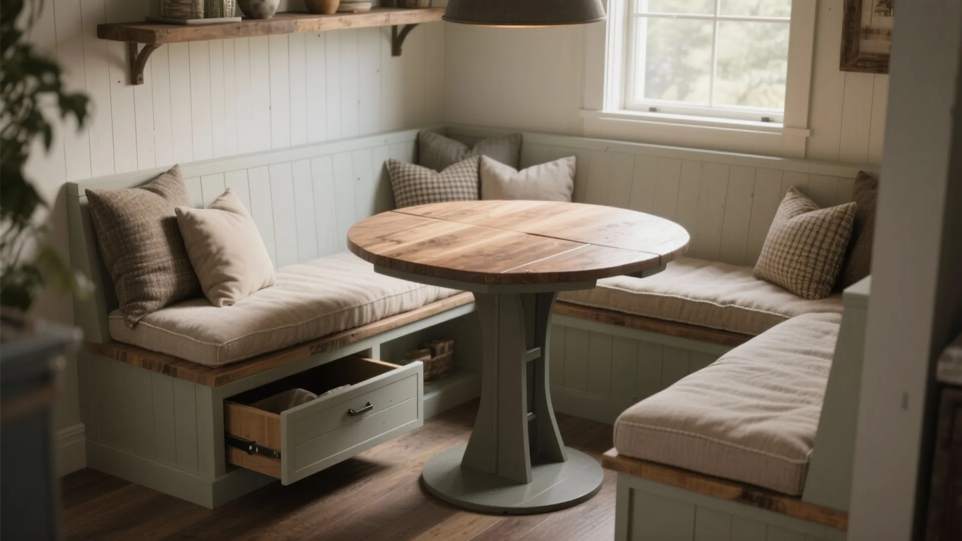 Built in corner bench seating with storage drawer and round wooden dining table in kitchen