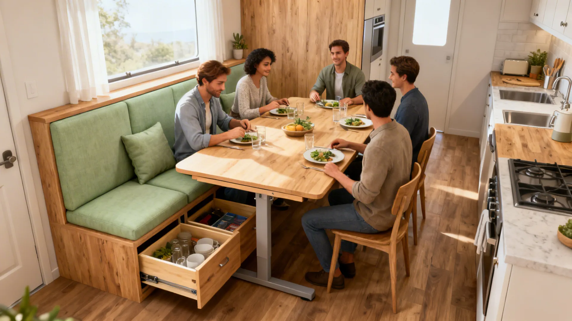 Built-in storage bench paired with a drop leaf table in a compact kitchen, cushions and extended dining setup.