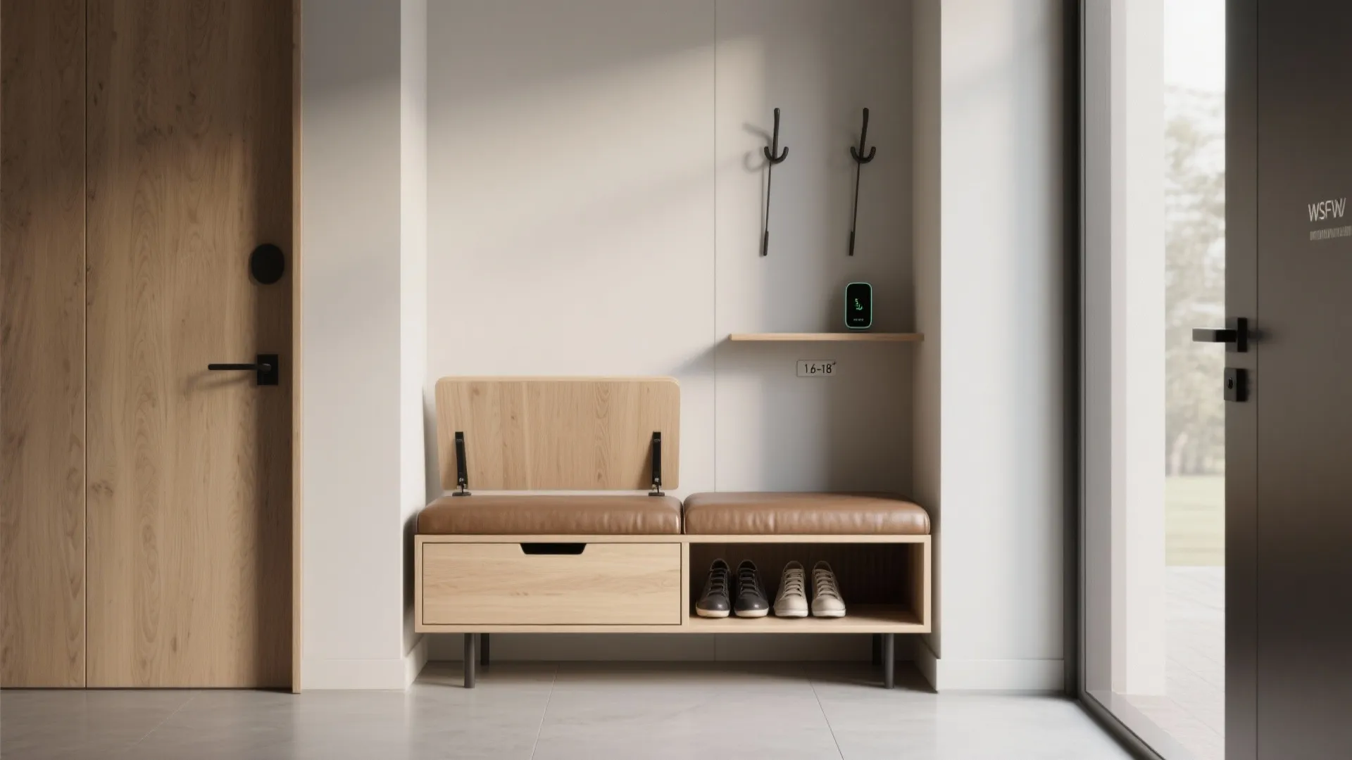 Multi-function bench and drop zone that hides the mess