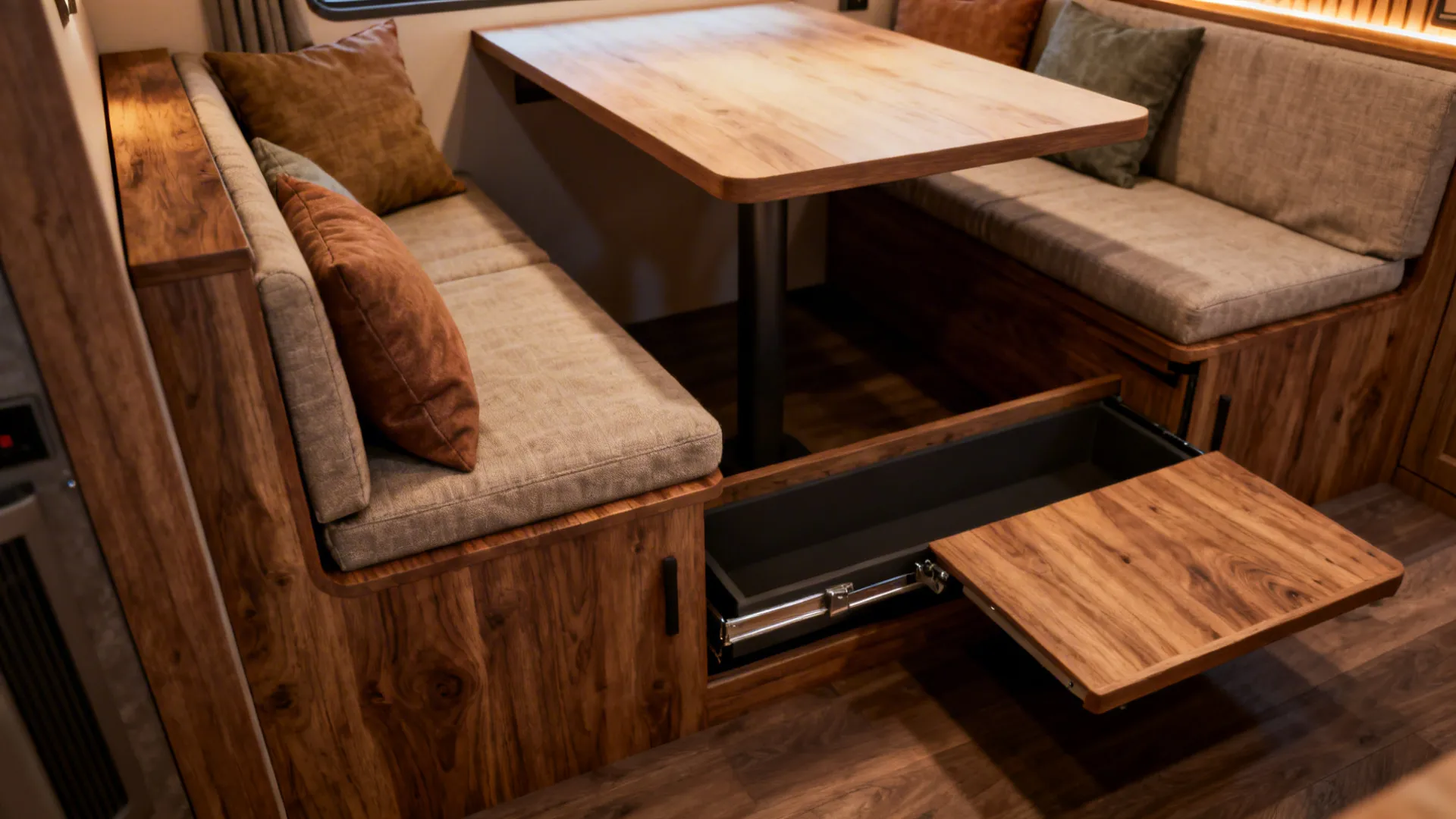 Wooden bench used as dining and casual sofa seating with cushions and hidden storage