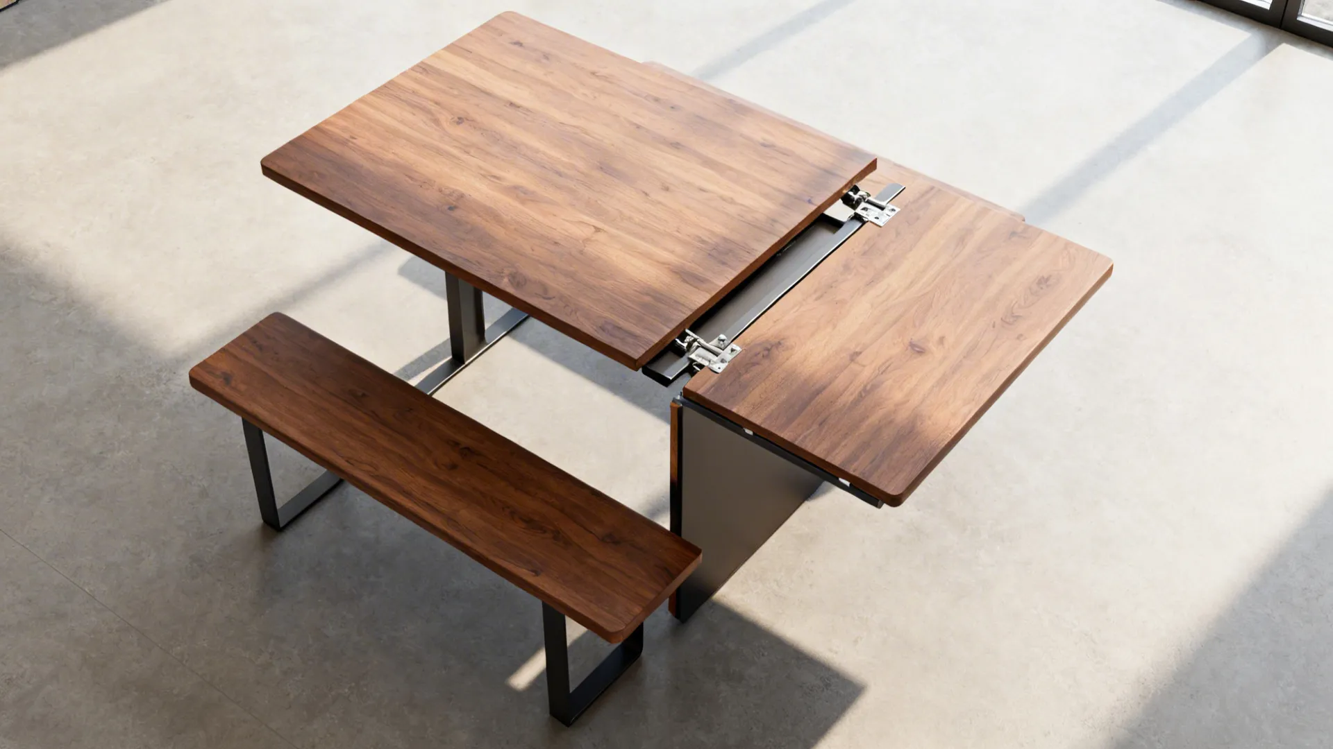 Modern wood extendable dining table with a matching long bench on a grey stone floor