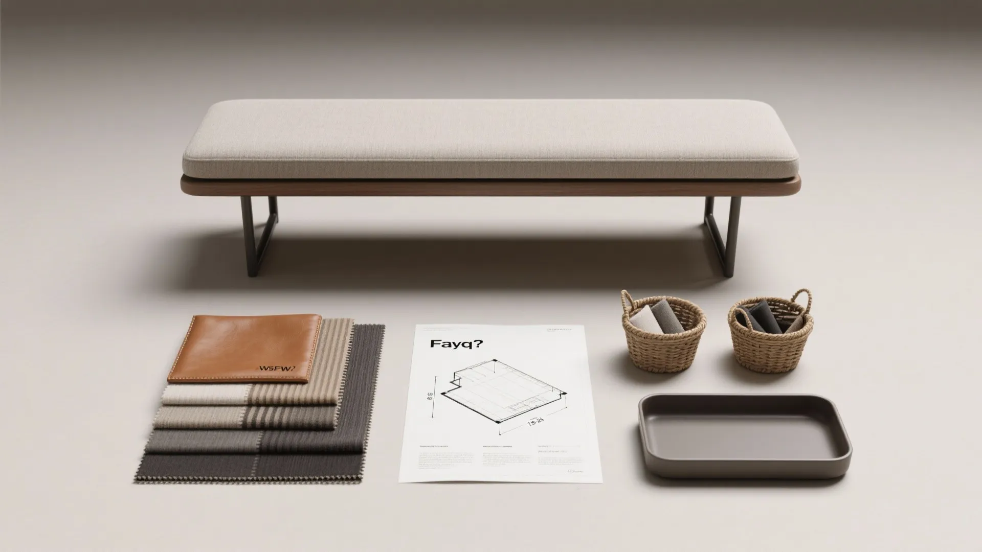 Top-down flatlay of fabric swatches, floor plan, and clearance diagram illustrating bench FAQs.