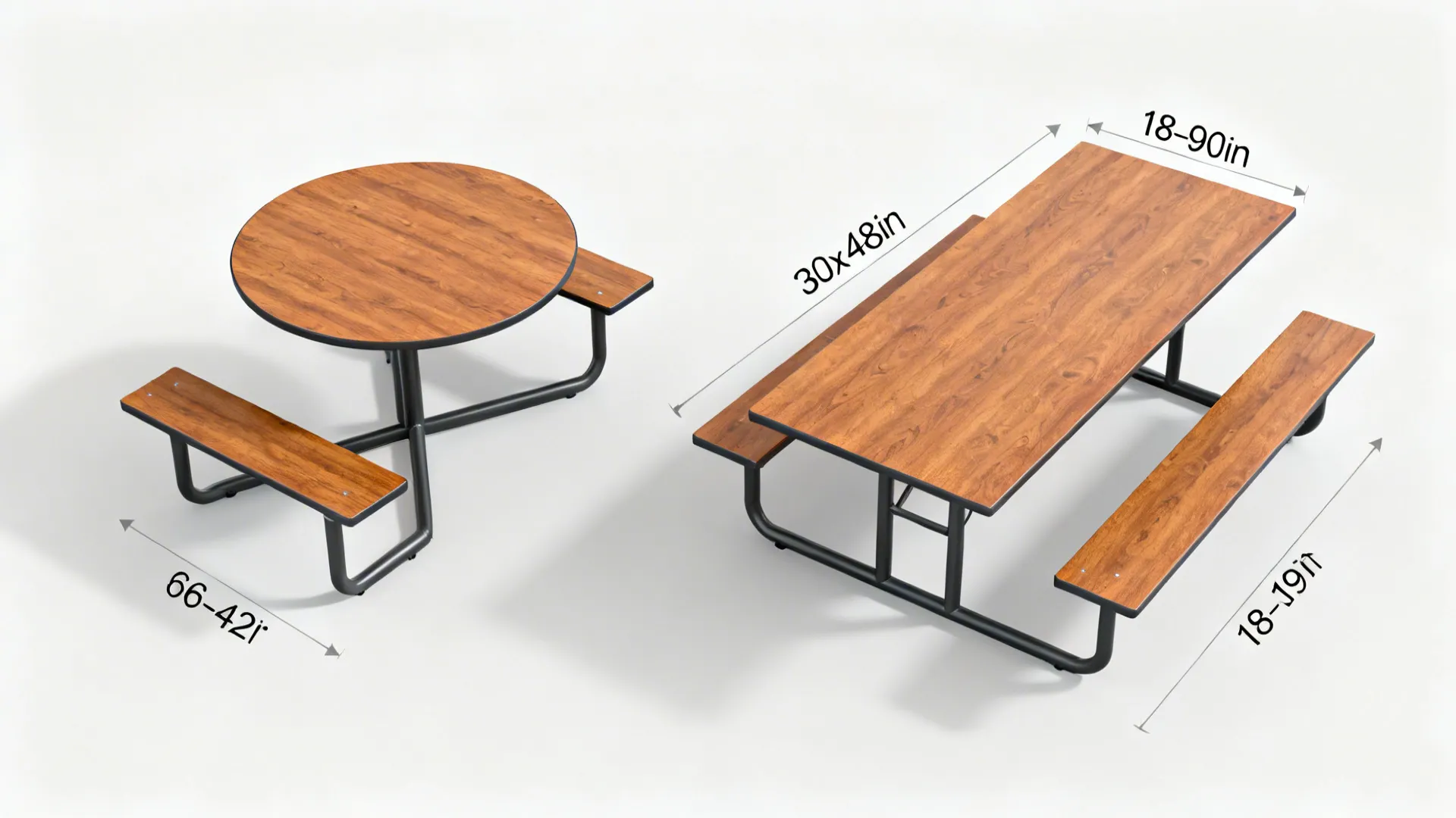 Top-down visuals of round and rectangular table sizes with bench and ergonomic heights.