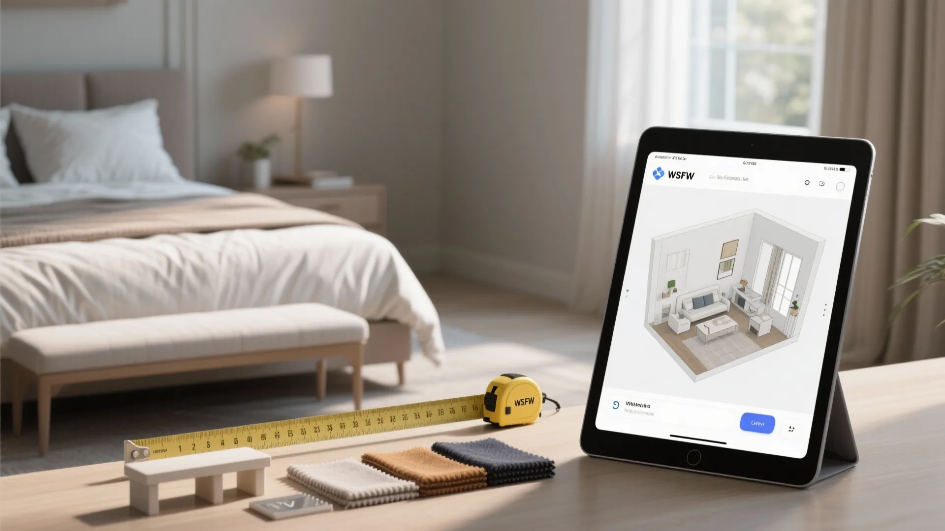 Digital tablet showing a room layout design on a table with measuring tape and fabric