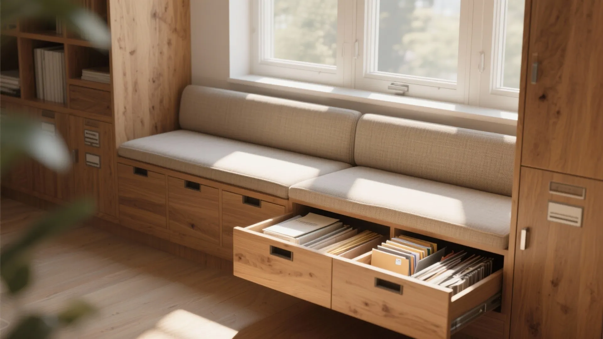 3. Dual-purpose bench or seating with hidden files