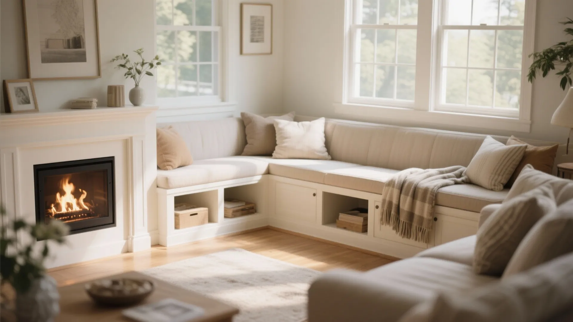 Corner window seating with white built in bench cushions fireplace and light colored wooden floor room