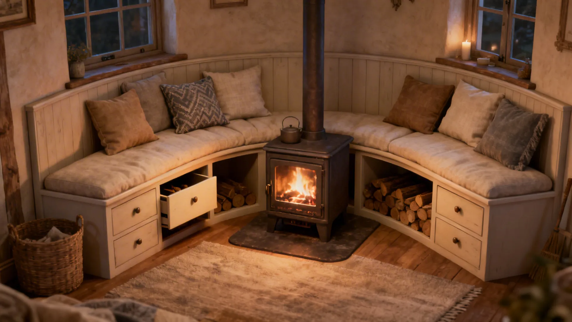 Built-in bench seating wrapping around a fireplace with hidden storage under the seat