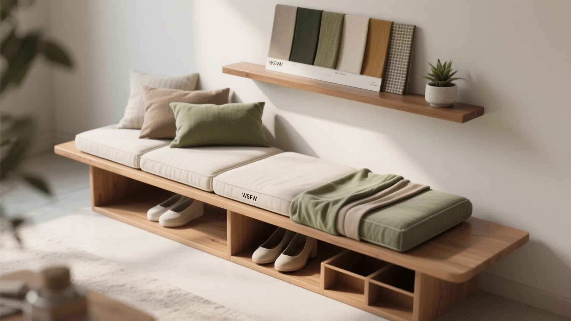 5. Minimal bench with layered cushions and shelving