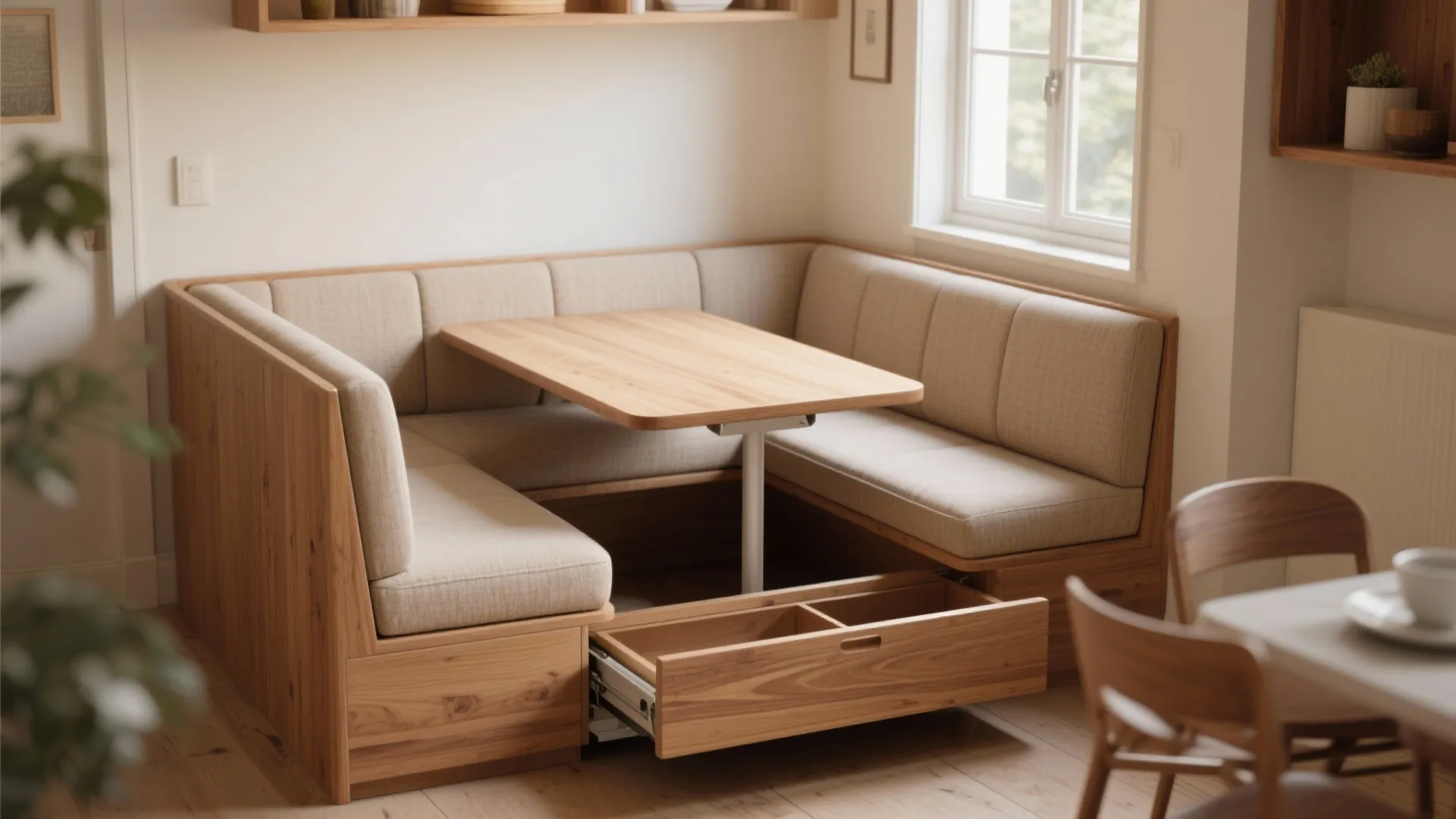 Wooden corner bench with beige cushions featuring a pull out storage drawer under the table