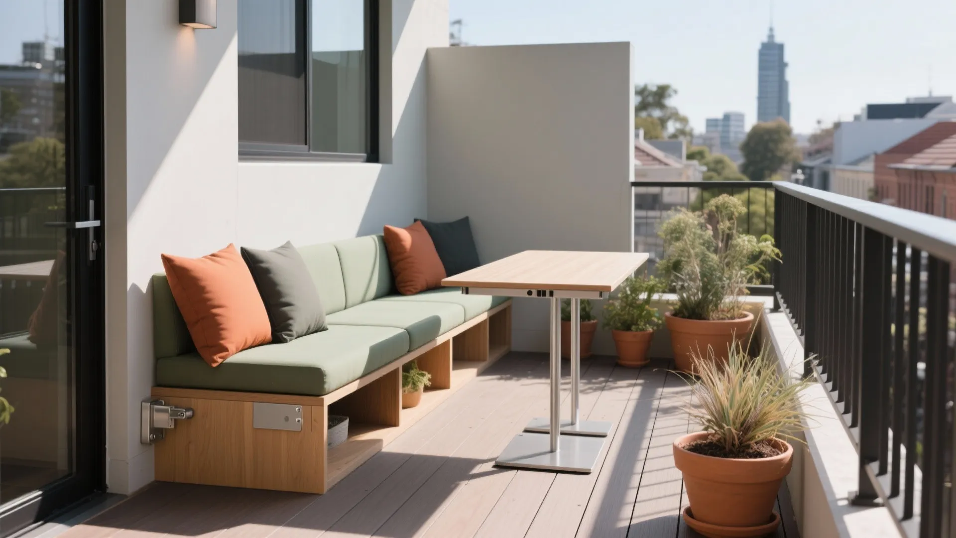 Modern balcony with wooden bench green cushions orange pillows wood table and several potted plants