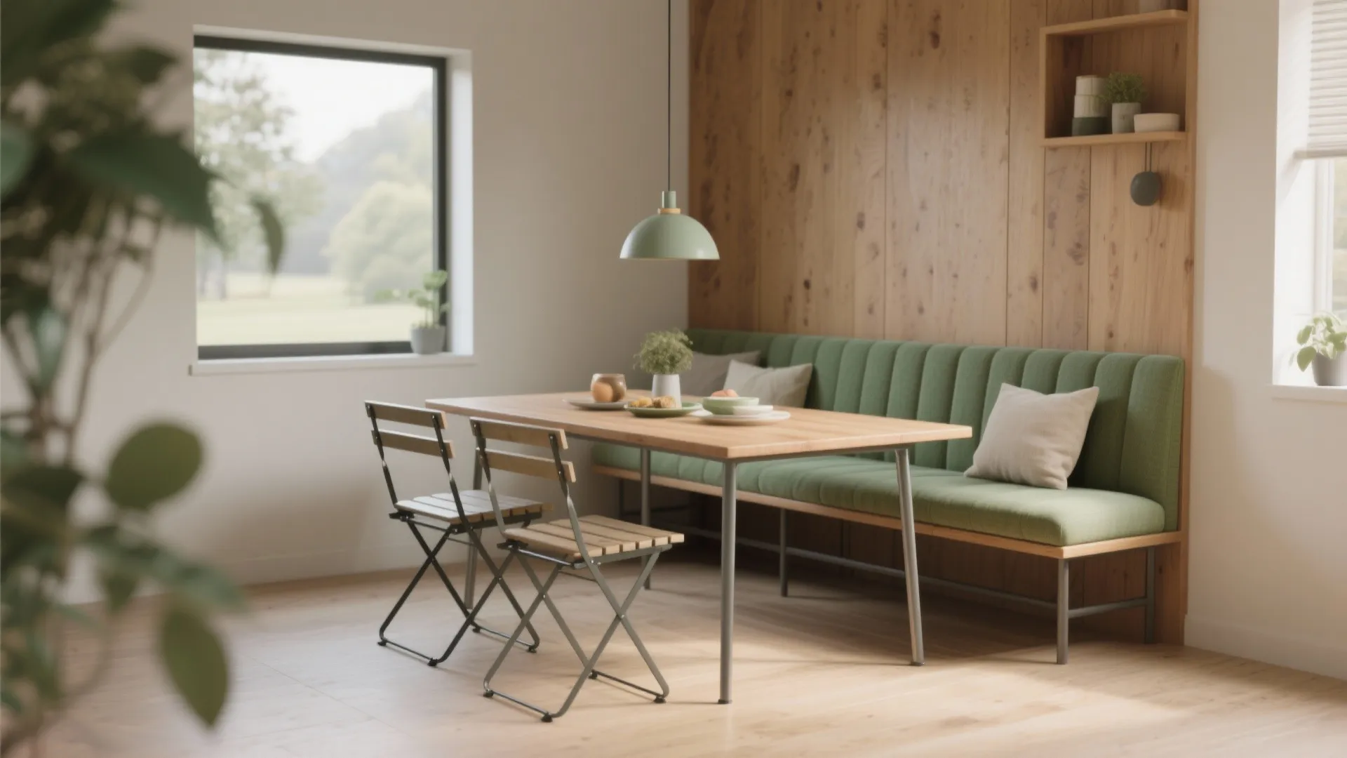 2. Bench seating + foldaway chairs = flexible family table