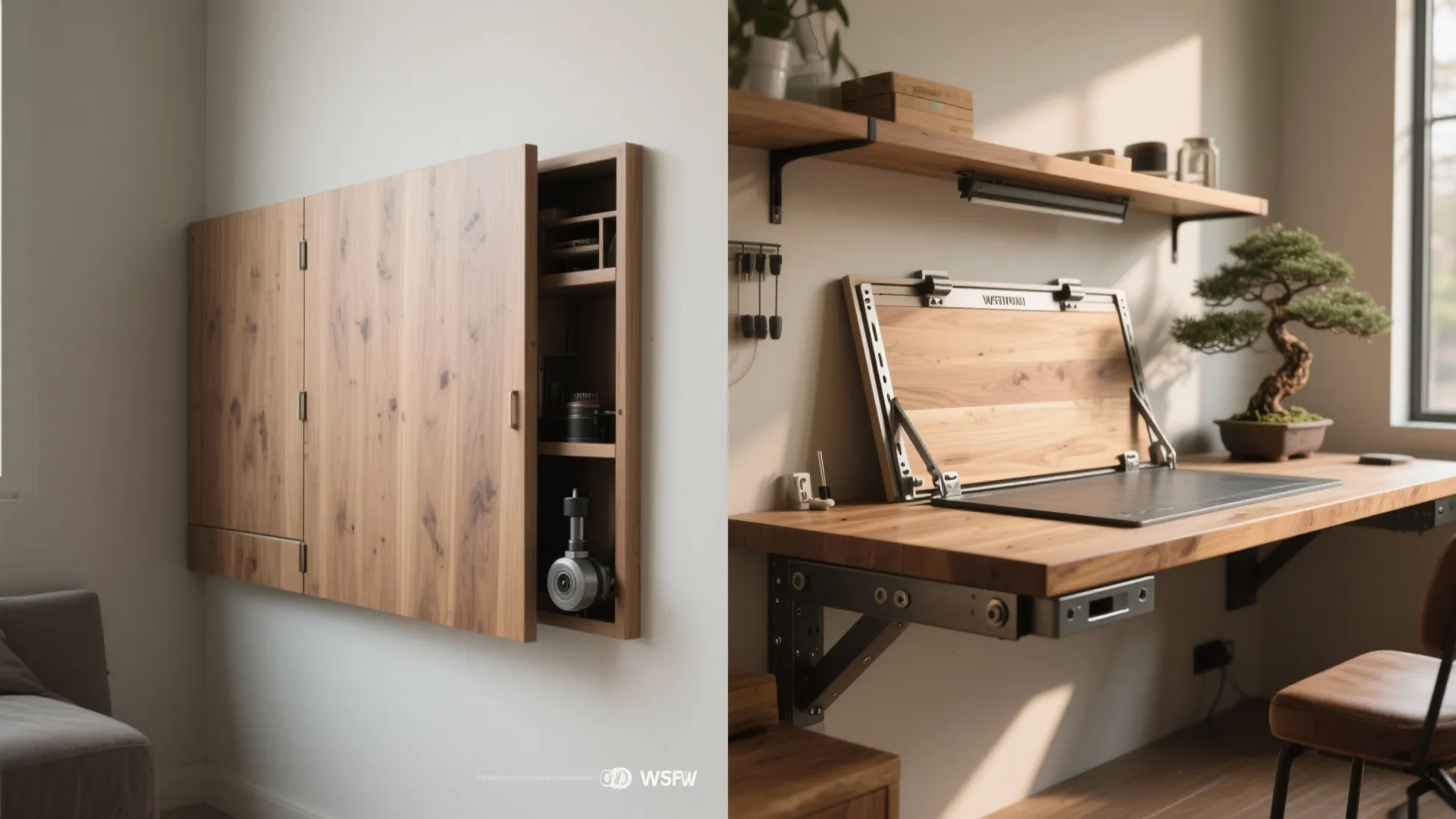 Wall-mounted wooden desk showing the folded cabinet position and the open workspace with a shelf
