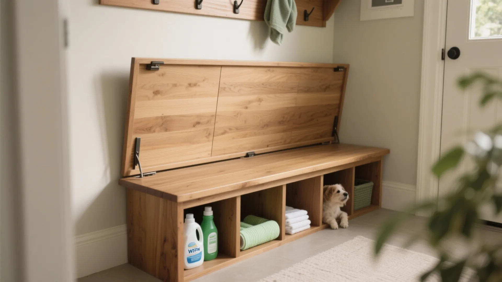 Wooden storage bench with open lid showing laundry supplies towels and small dog inside bottom cubby