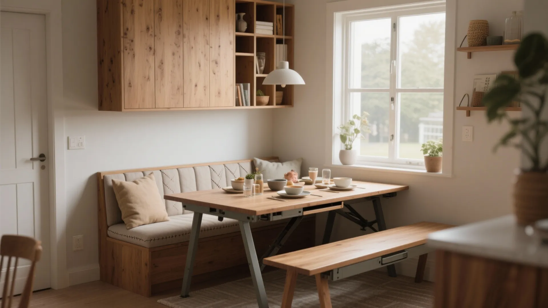 4. Bench seating plus a fold-out table for kids and guests