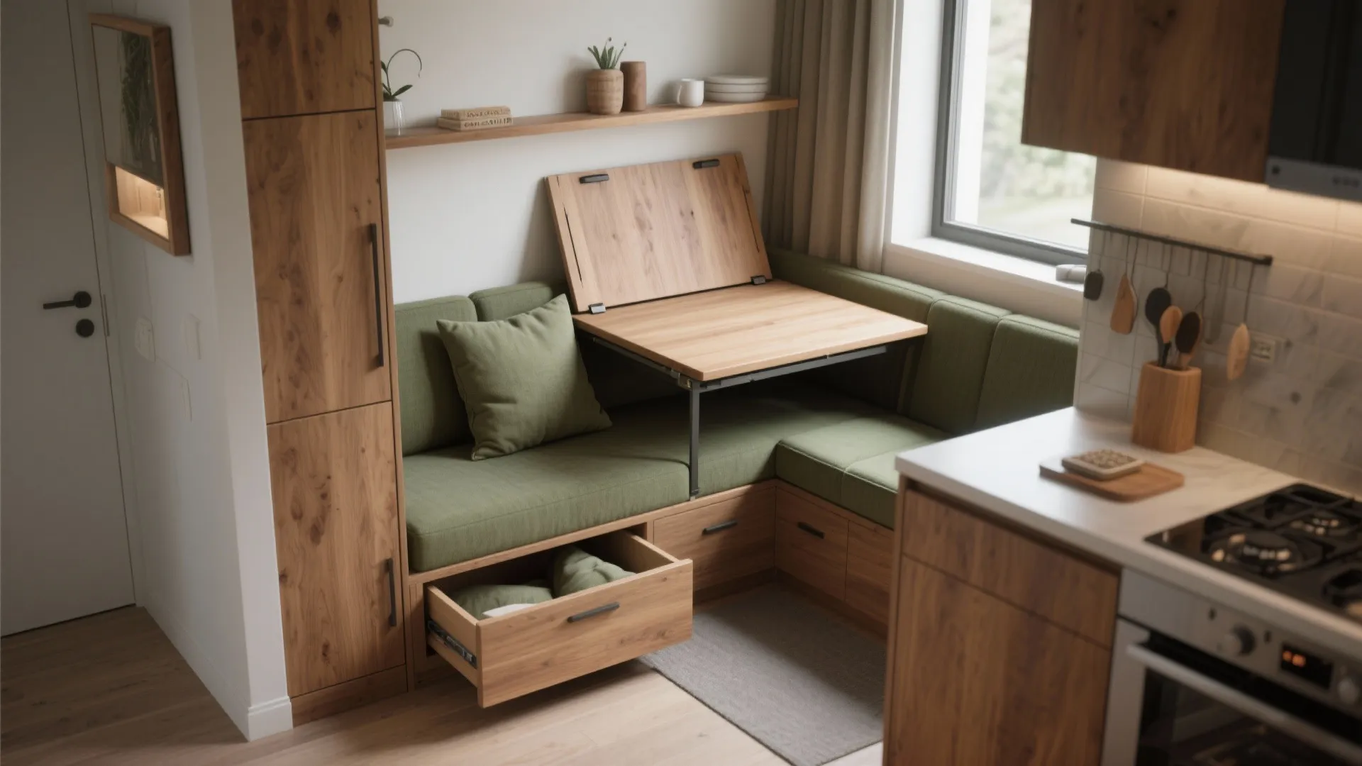 2. Built-in bench + fold-out table: seat and store