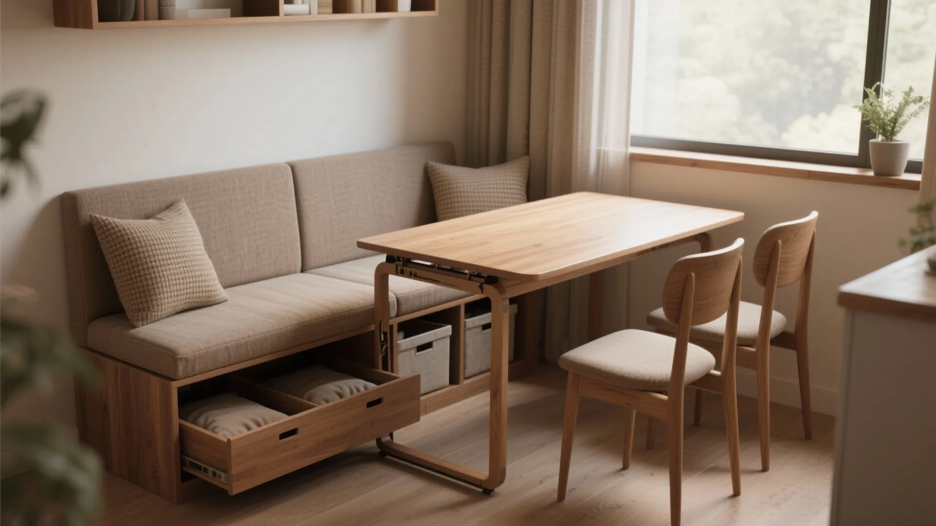 Dining area with wooden bench storage drawer wood table two chairs and window thin curtains
