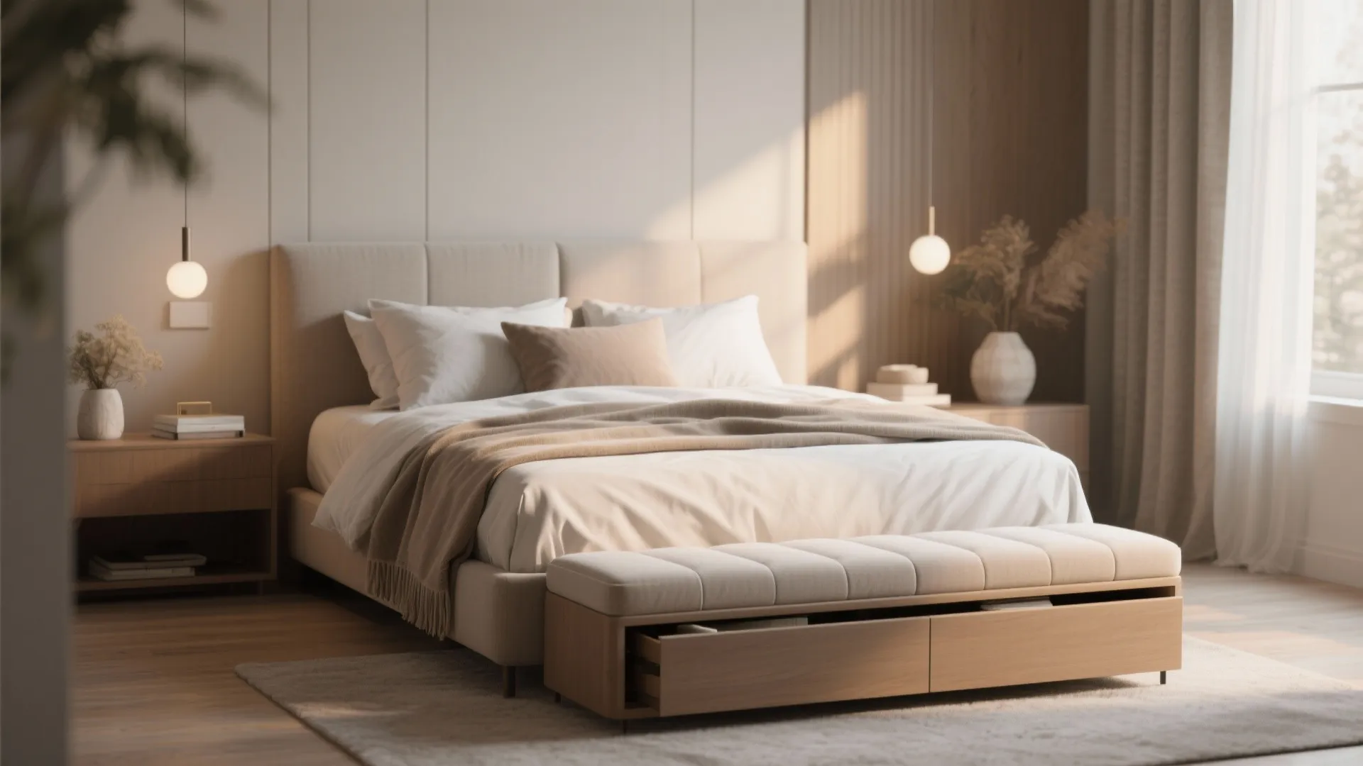 Beige bed with white pillows and wooden footrest storage bench in a bright sunny bedroom