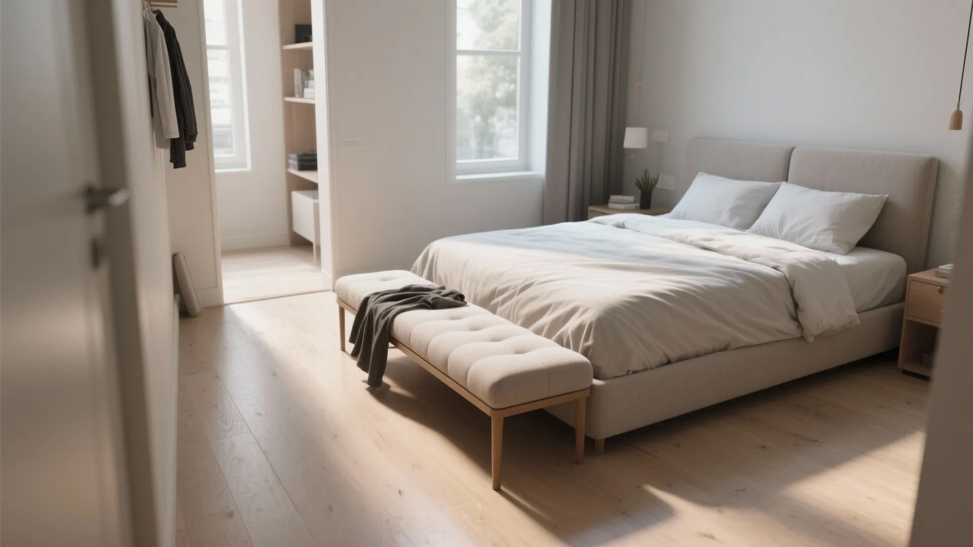 Narrow upholstered bench at the foot of a bed leaving clear circulation space