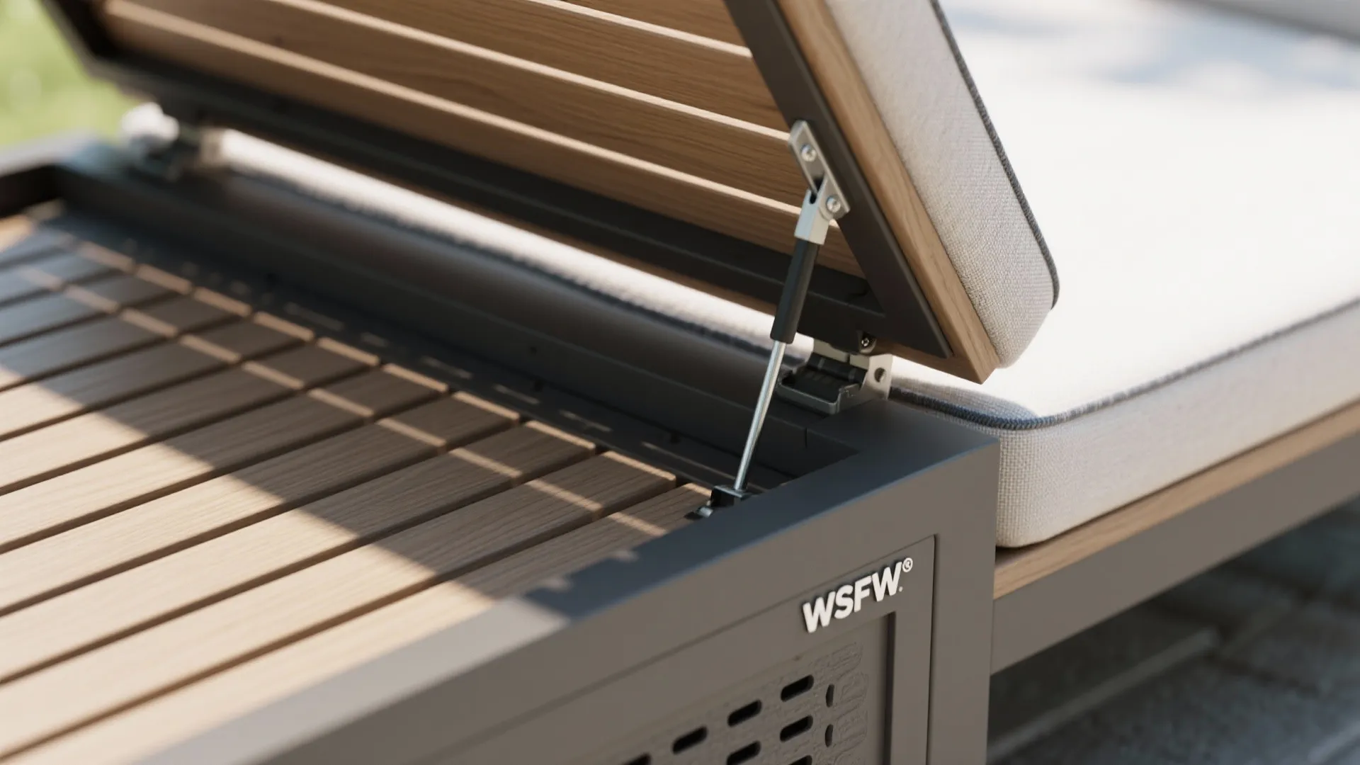 Macro of gas strut hinge and slatted bench base with quick-dry cushion.