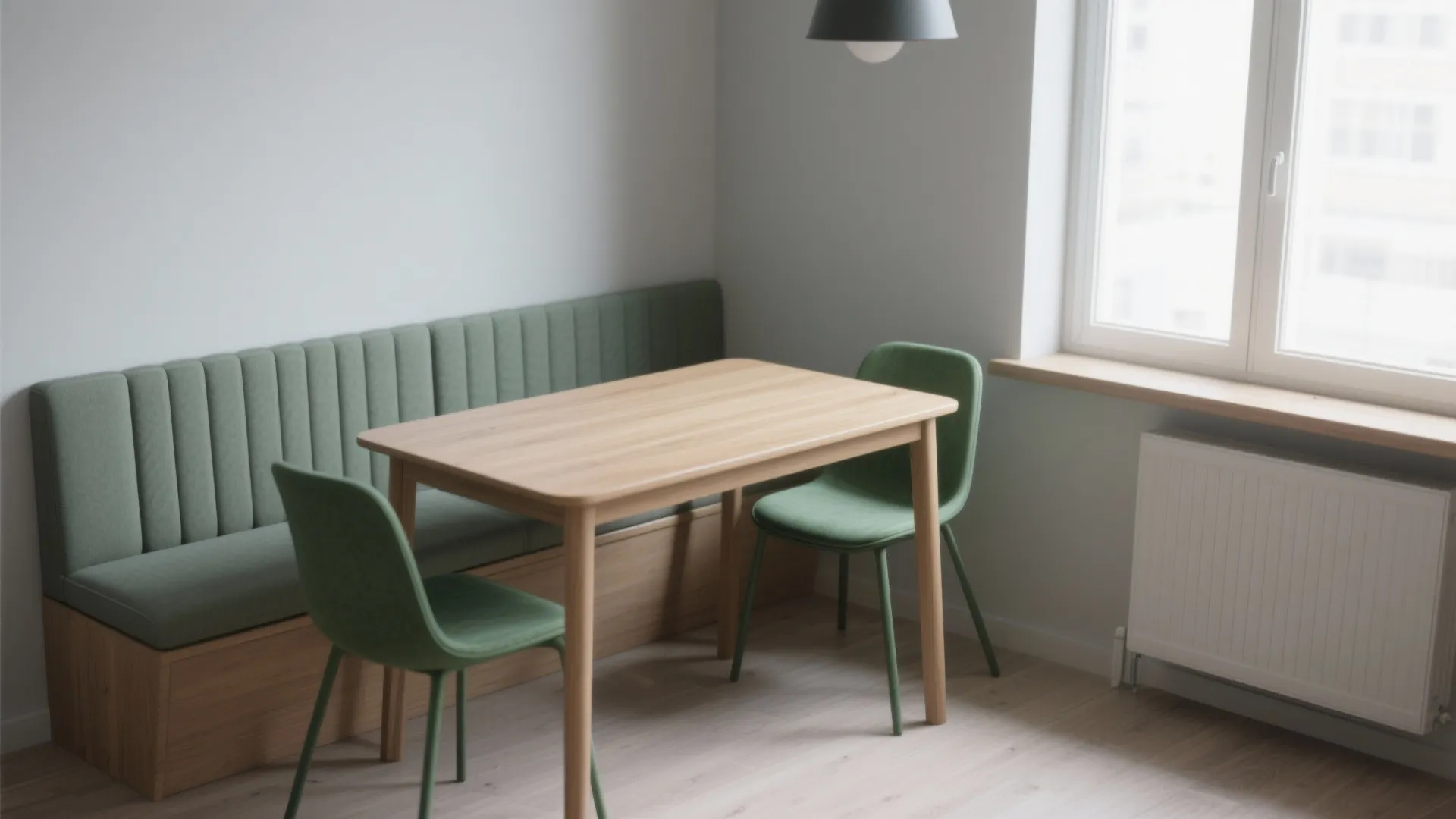 Narrow dining table with a wall bench and two green chairs saving space in a small nook.