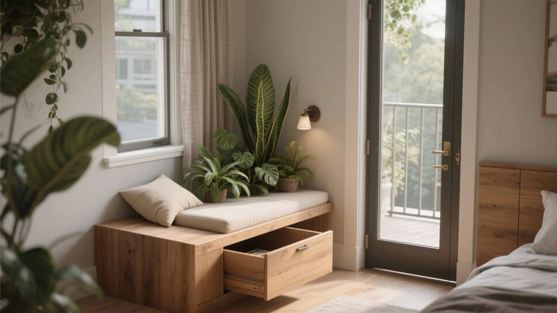 Wooden window seat with open storage drawer potted green plants wall light and balcony view