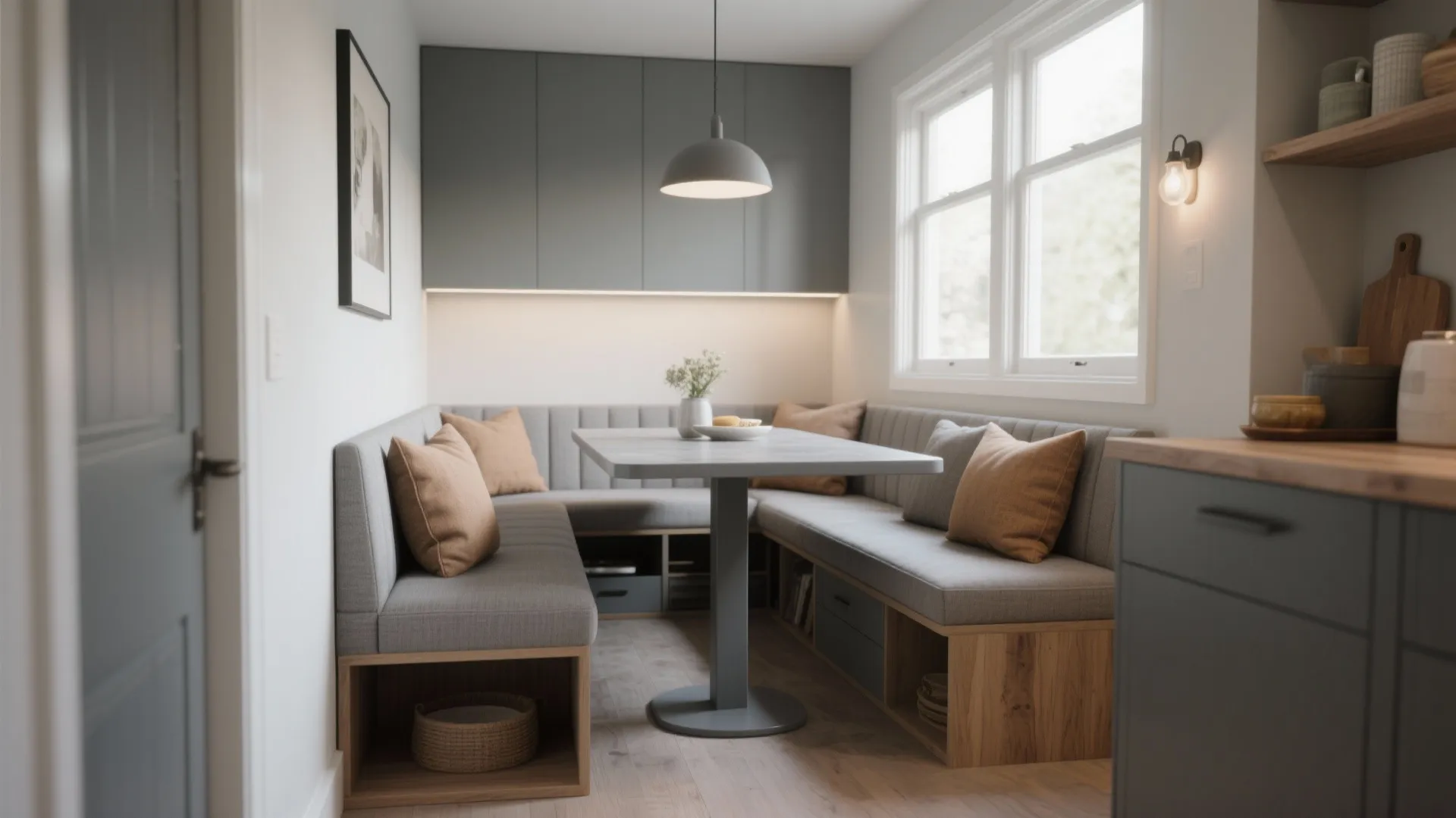 4. Bench seating with grey table